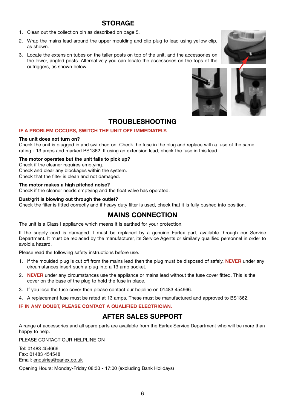 Storage, Troubleshooting, Mains connection | After sales support | Earlex COMBIPOWERVAC WD1200P User Manual | Page 6 / 8