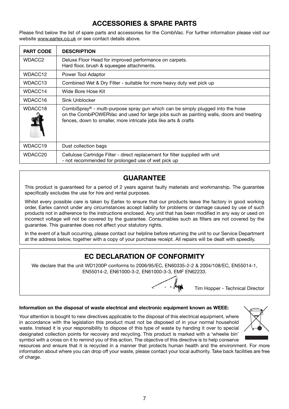 Accessories & spare parts, Guarantee, Ec declaration of conformity | Earlex COMBIPOWERVAC WD1200P User Manual | Page 7 / 8