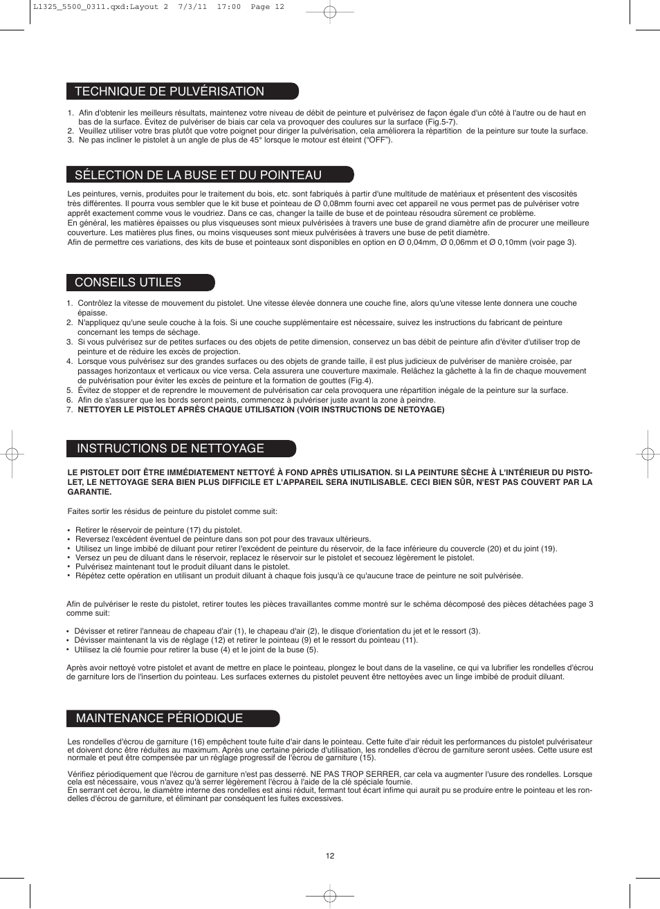 Technique de pulvérisation, Sélection de la buse et du pointeau, Conseils utiles instructions de nettoyage | Maintenance périodique | Earlex hv5500 User Manual | Page 12 / 22