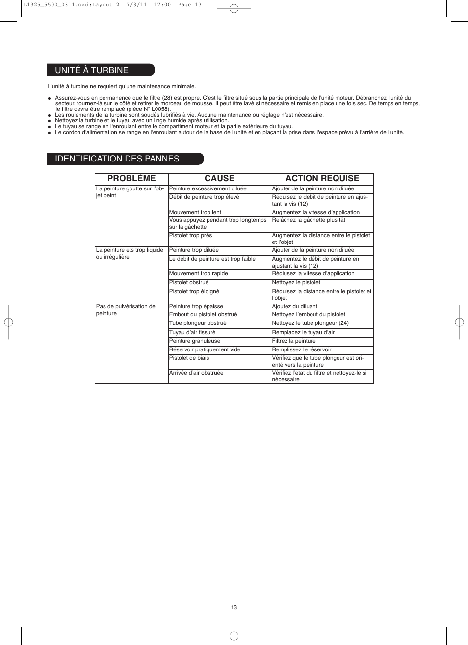 Problème cause action requise, Unité à turbine identification des pannes | Earlex hv5500 User Manual | Page 13 / 22