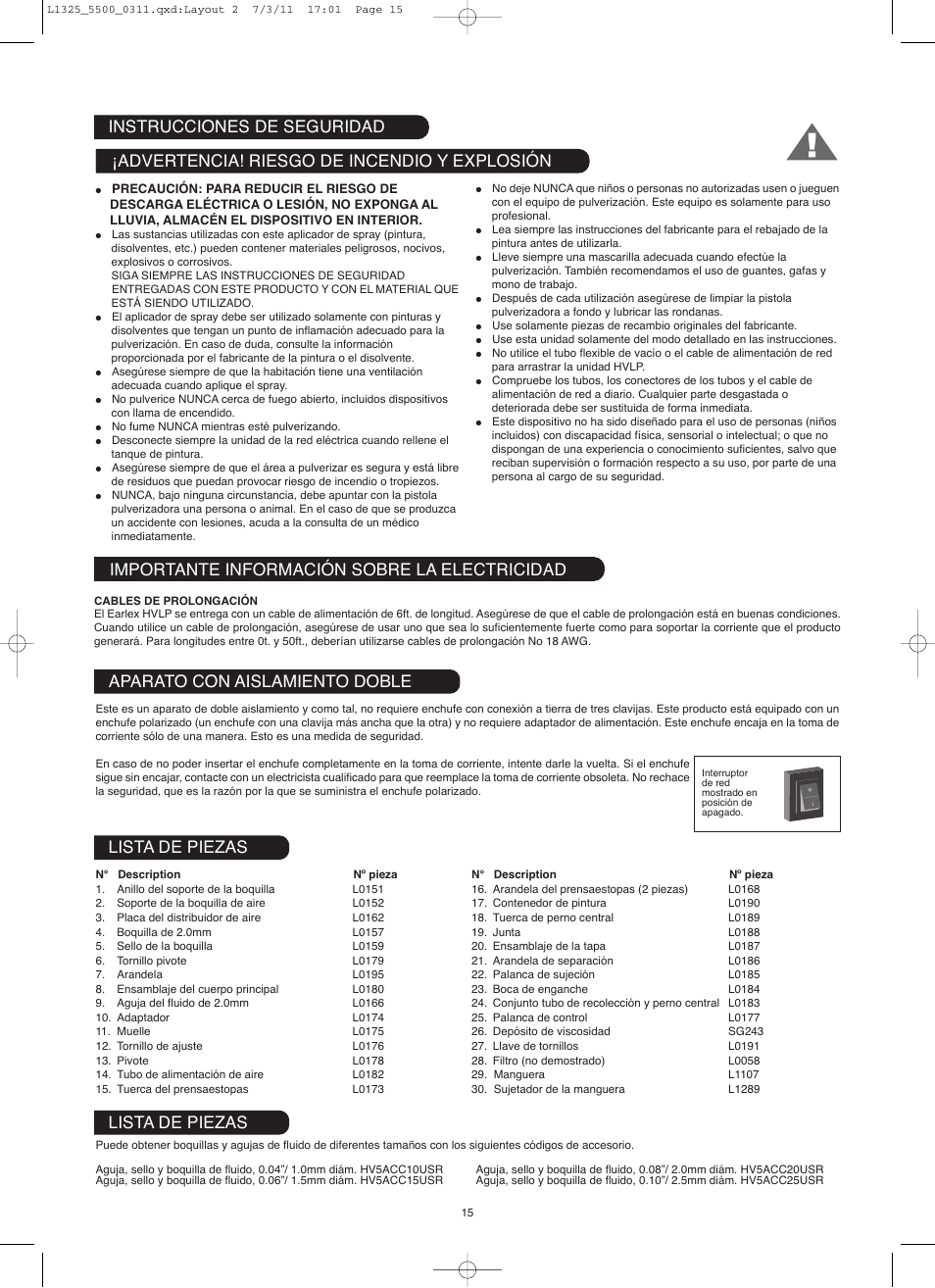 Importante información sobre la electricidad, Aparato con aislamiento doble, Lista de piezas | Earlex hv5500 User Manual | Page 15 / 22