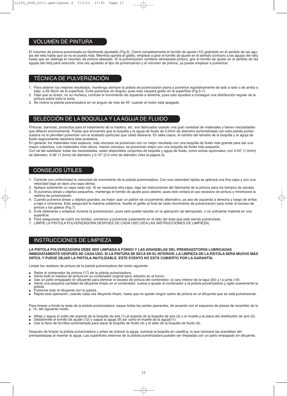 Volumen de pintura, Técnica de pulverización, Selección de la boquilla y la aguja de fluido | Consejos útiles, Instrucciones de limpieza | Earlex hv5500 User Manual | Page 17 / 22