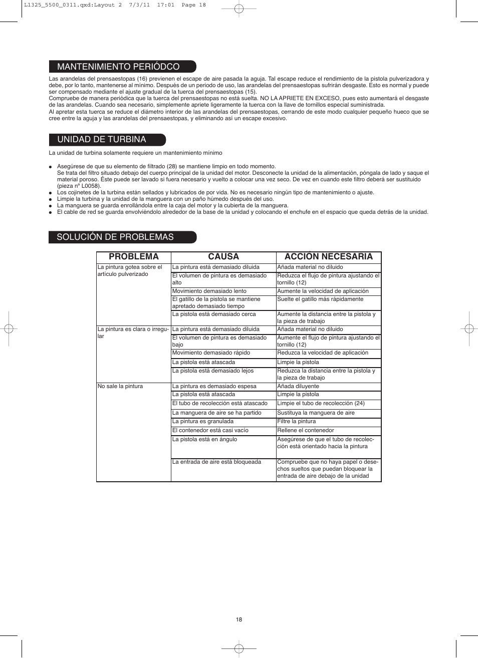 Problema causa acción necesaria | Earlex hv5500 User Manual | Page 18 / 22