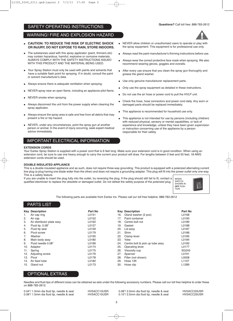 Optional extras, Parts list | Earlex hv5500 User Manual | Page 5 / 22