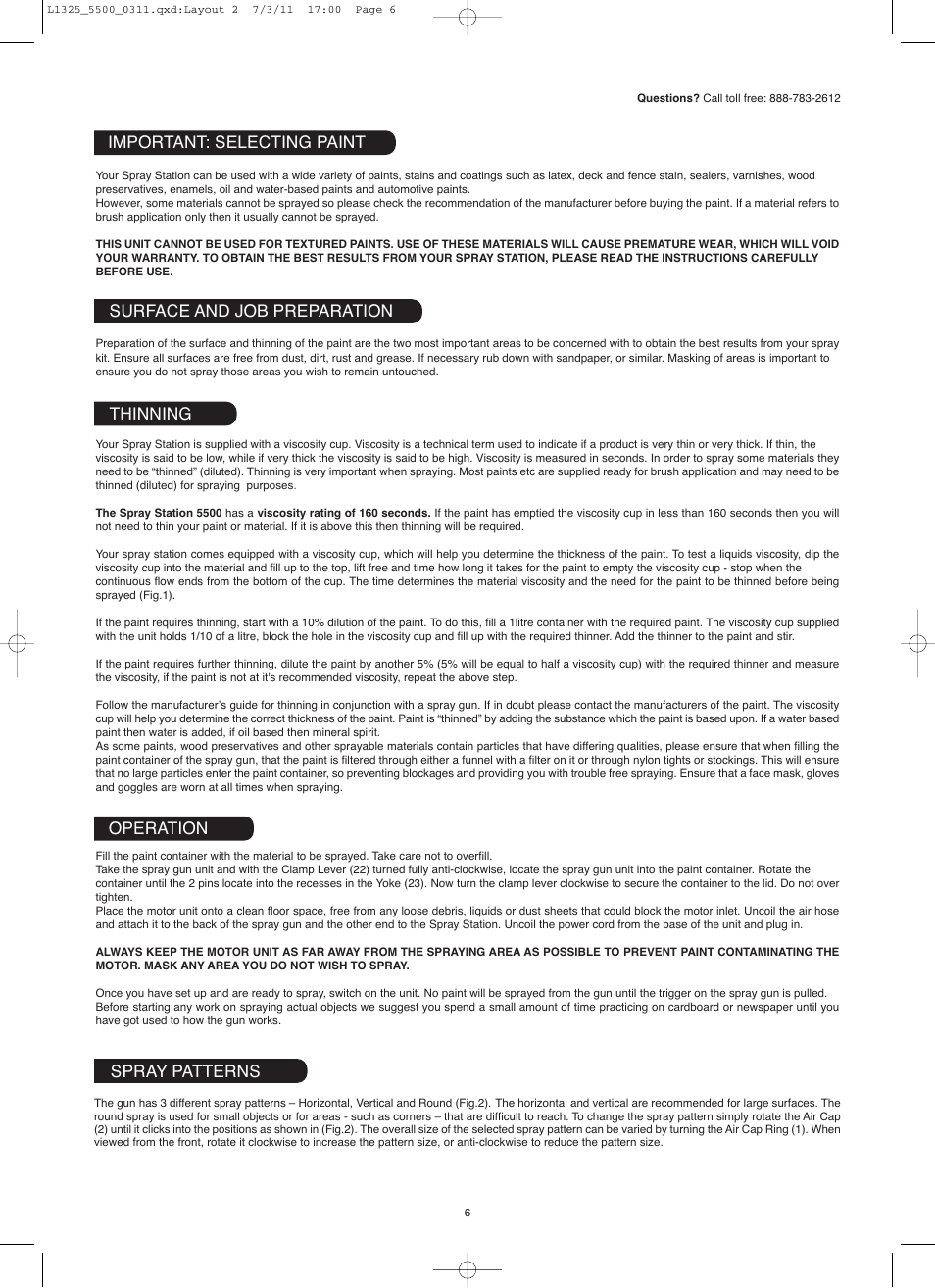 Surface and job preparation thinning, Operation, Spray patterns | Important: selecting paint | Earlex hv5500 User Manual | Page 6 / 22