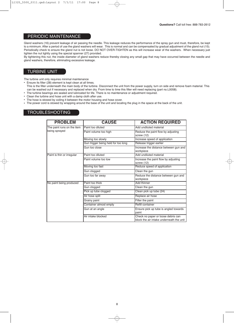 Problem cause action required, Troubleshooting periodic maintenance turbine unit | Earlex hv5500 User Manual | Page 8 / 22