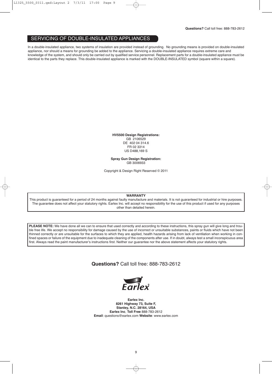 Servicing of double-insulated appliances | Earlex hv5500 User Manual | Page 9 / 22