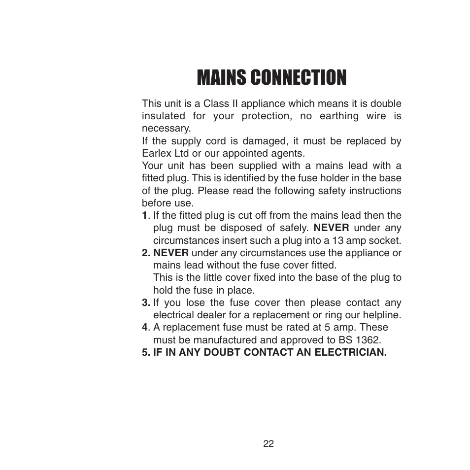 Mains connection | Earlex 3000 User Manual | Page 22 / 24