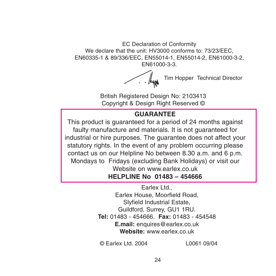 Earlex 3000 User Manual | Page 24 / 24