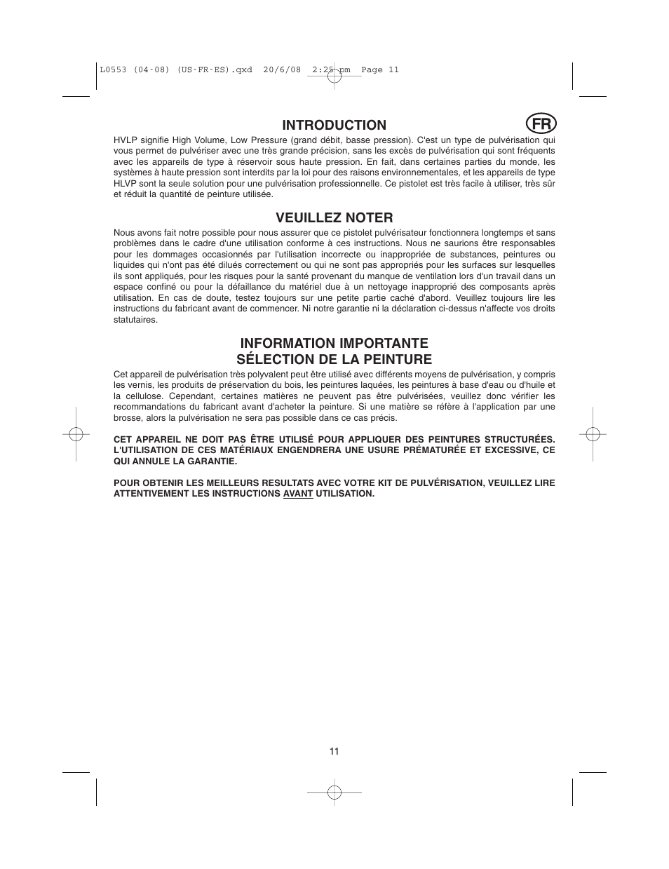 Introduction, Information importante sélection de la peinture | Earlex L0553 User Manual | Page 11 / 24