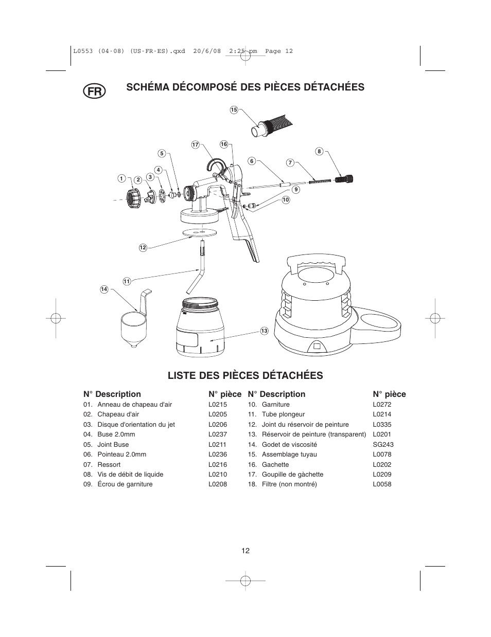 Schéma décomposé des pièces détachées, Liste des pièces détachées, N° description n° pièce | Earlex L0553 User Manual | Page 12 / 24