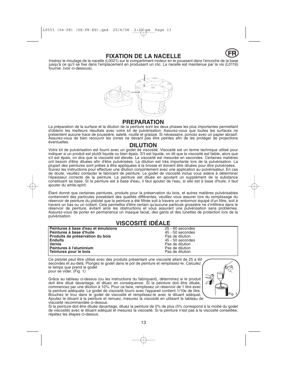 Fixation de la nacelle, Preparation, Dilution | Viscosité idéale | Earlex L0553 User Manual | Page 13 / 24