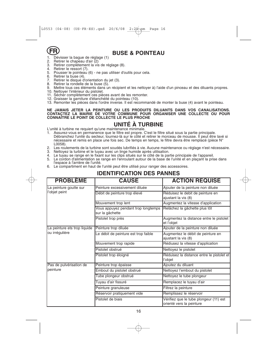 Buse & pointeau, Unité à turbine | Earlex L0553 User Manual | Page 16 / 24