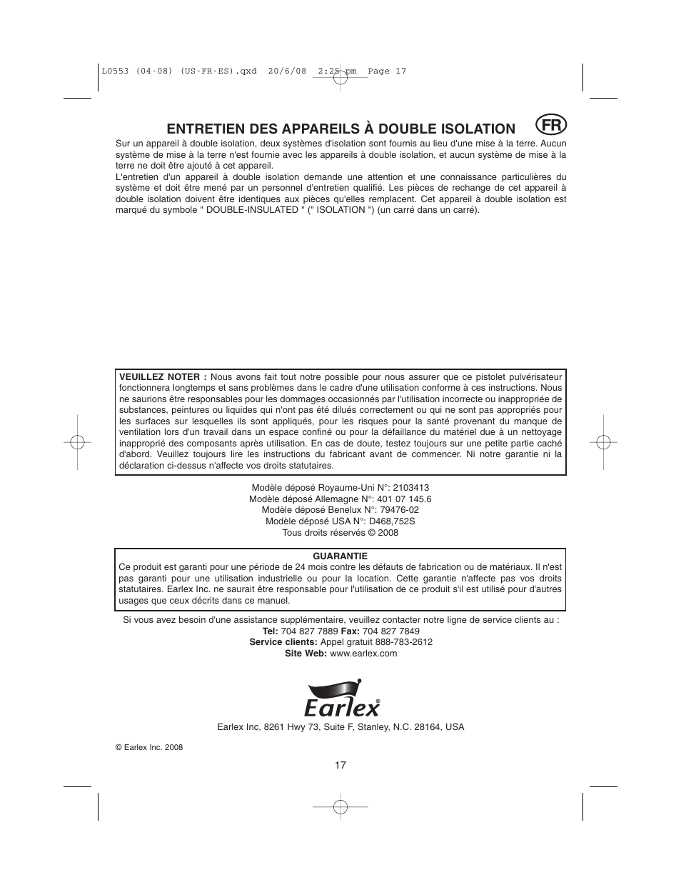 Entretien des appareils à double isolation | Earlex L0553 User Manual | Page 17 / 24