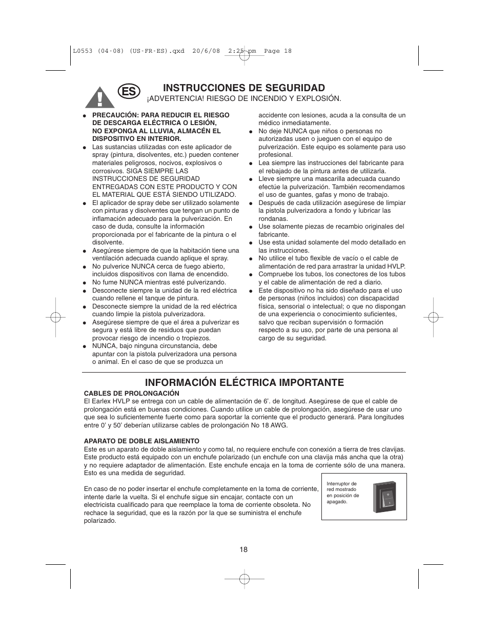 Instrucciones de seguridad, Información eléctrica importante | Earlex L0553 User Manual | Page 18 / 24