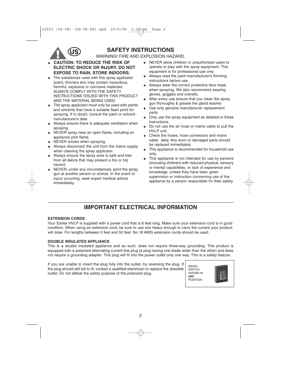 Safety instructions, Important electrical information | Earlex L0553 User Manual | Page 2 / 24