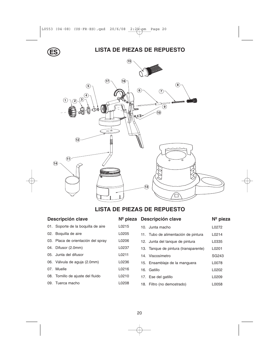 Lista de piezas de repuesto, Descripción clave nº pieza | Earlex L0553 User Manual | Page 20 / 24