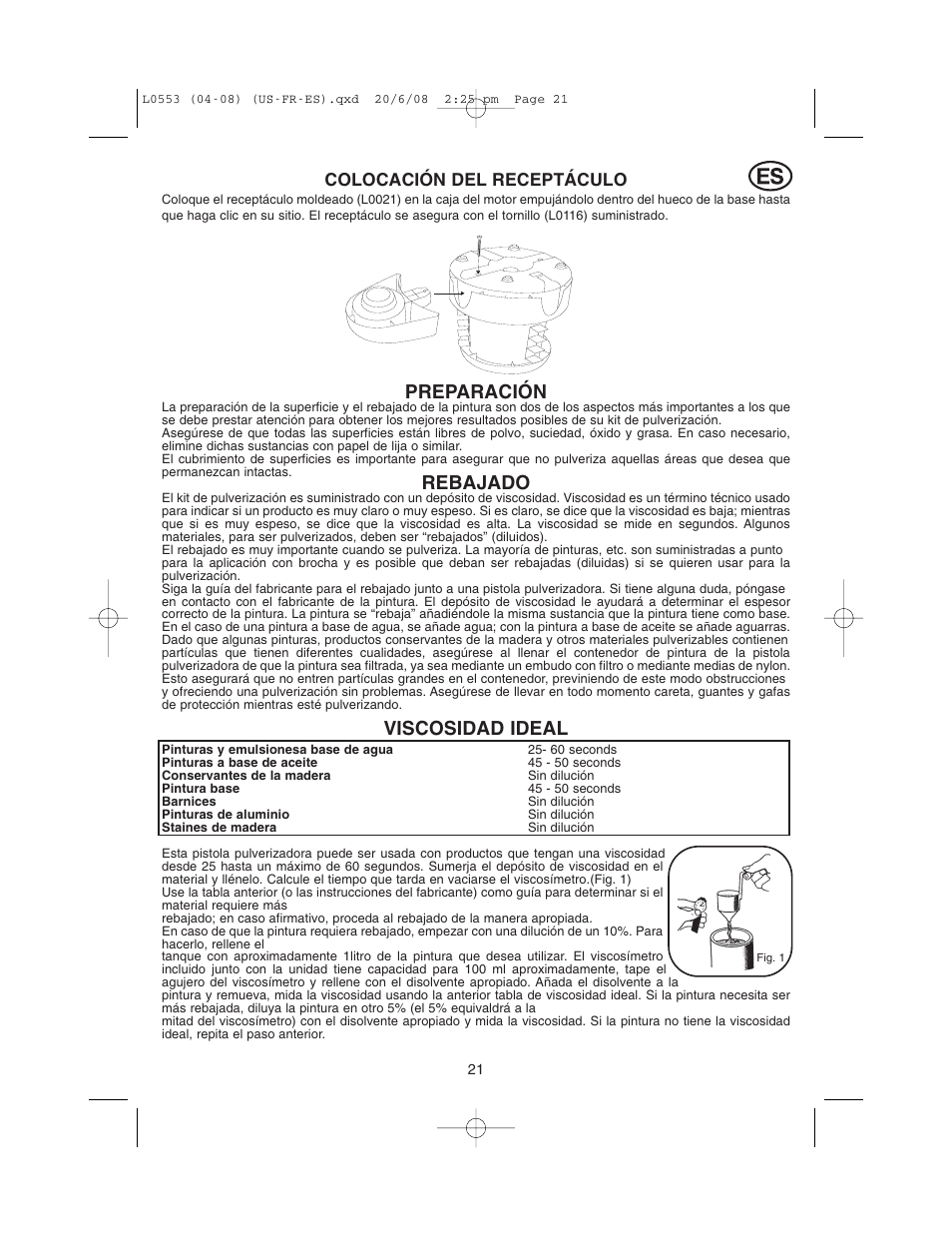 Preparación, Rebajado, Viscosidad ideal | Colocación del receptáculo | Earlex L0553 User Manual | Page 21 / 24