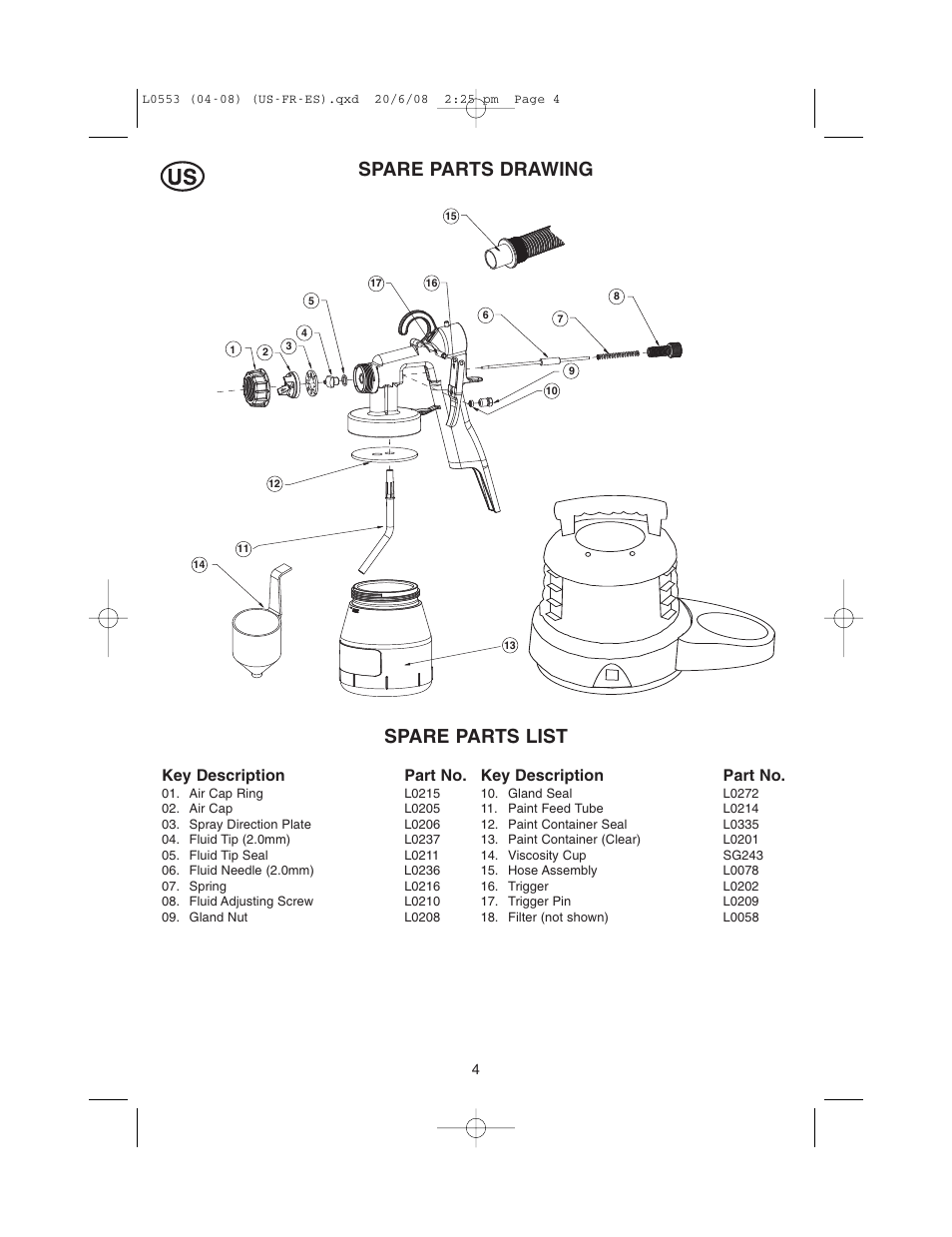 Spare parts drawing, Spare parts list, Key description part no | Earlex L0553 User Manual | Page 4 / 24