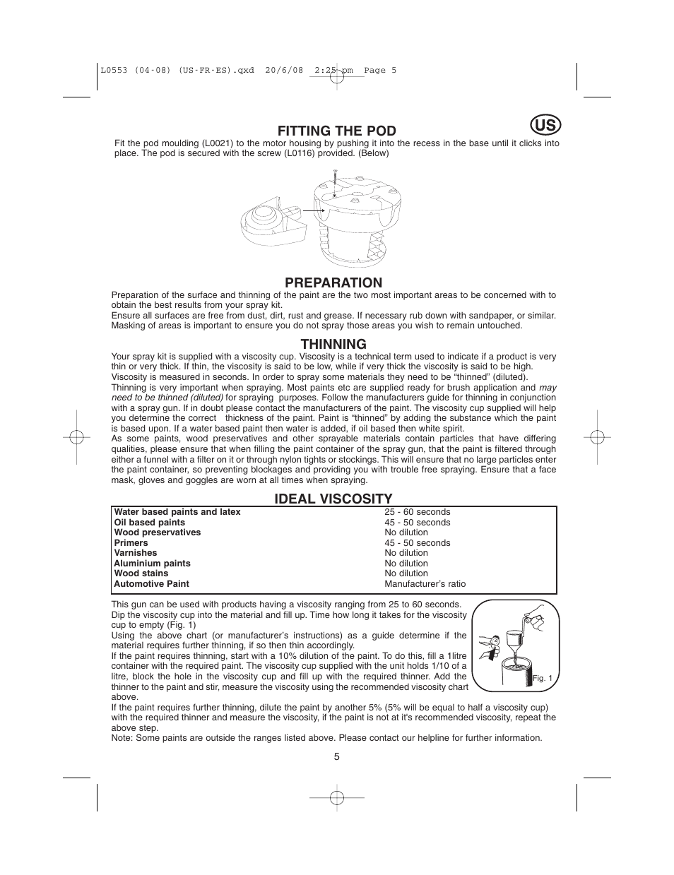 Fitting the pod, Preparation, Thinning | Ideal viscosity | Earlex L0553 User Manual | Page 5 / 24