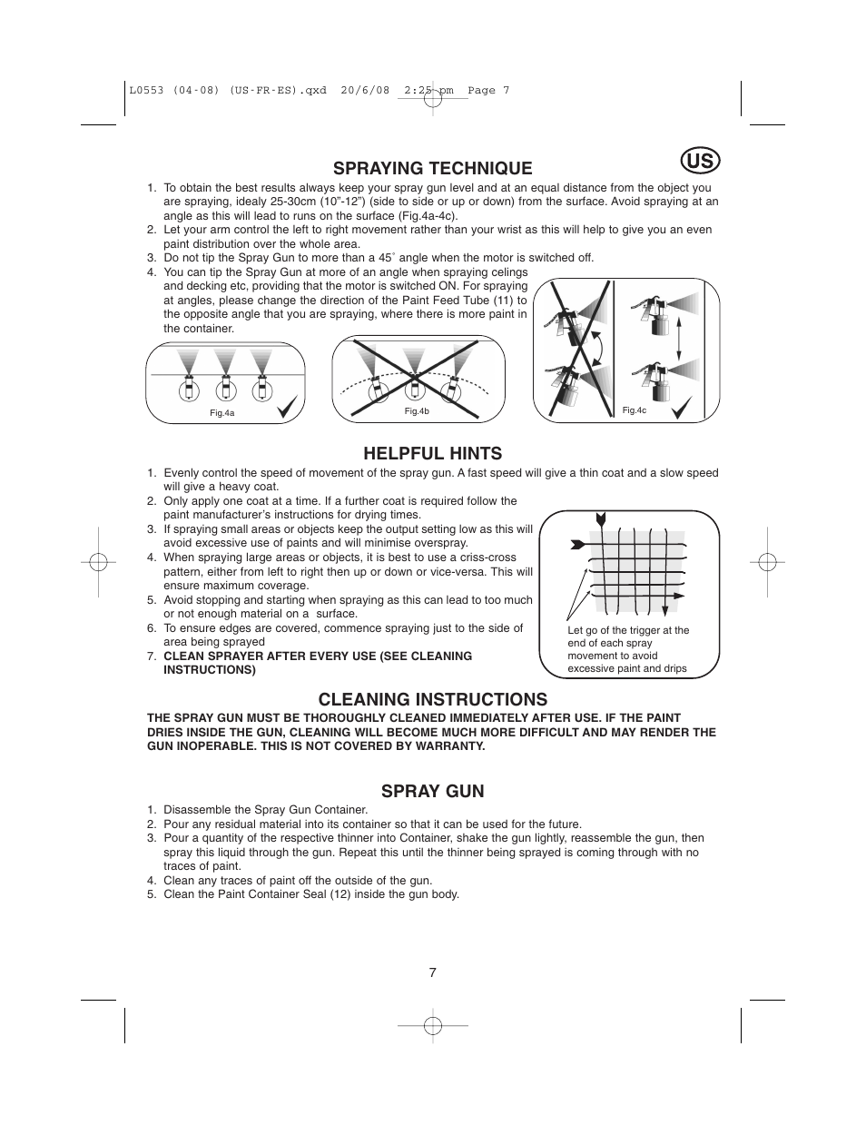 Helpful hints, Spraying technique, Cleaning instructions | Spray gun | Earlex L0553 User Manual | Page 7 / 24