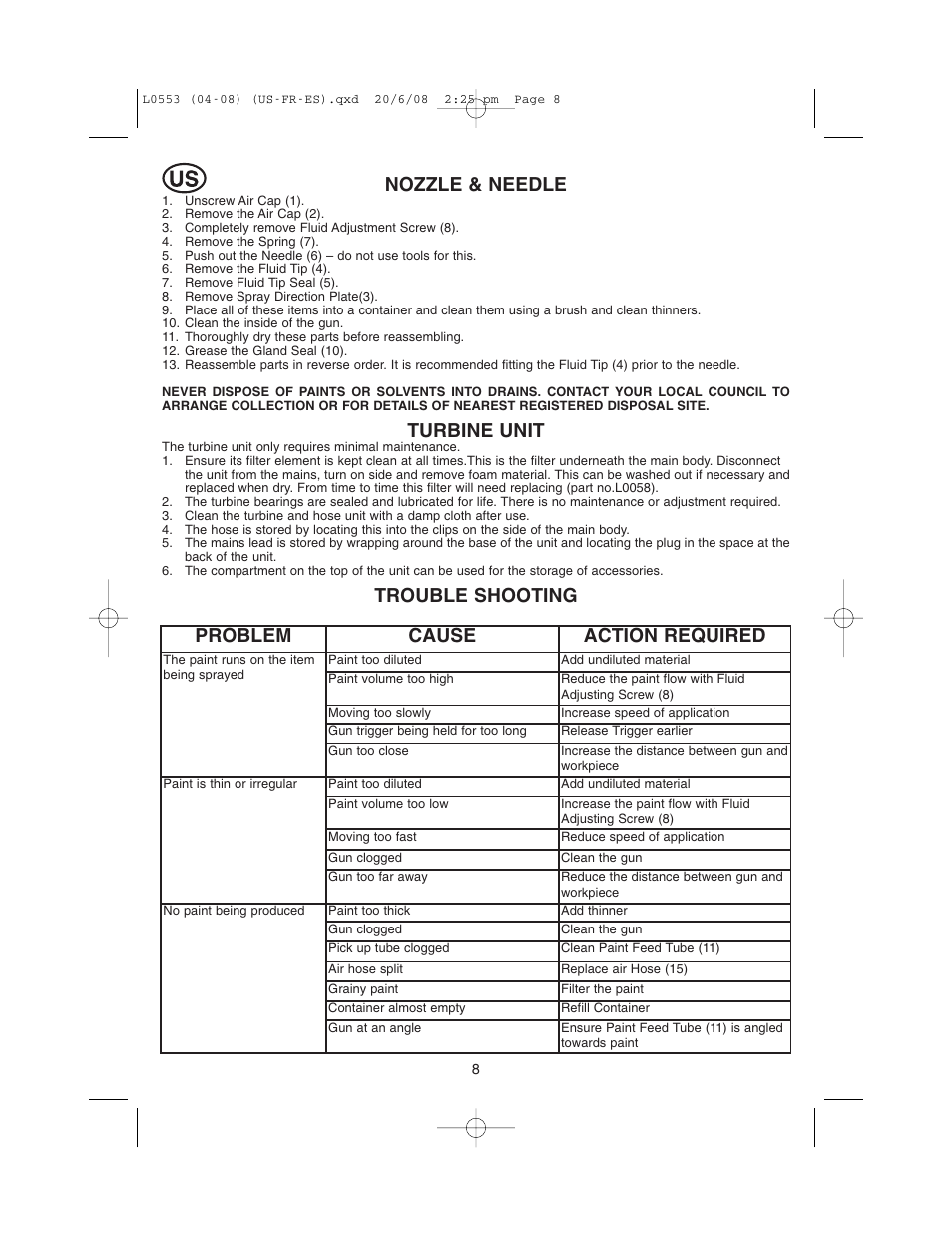 Nozzle & needle, Turbine unit, Trouble shooting problem cause action required | Earlex L0553 User Manual | Page 8 / 24