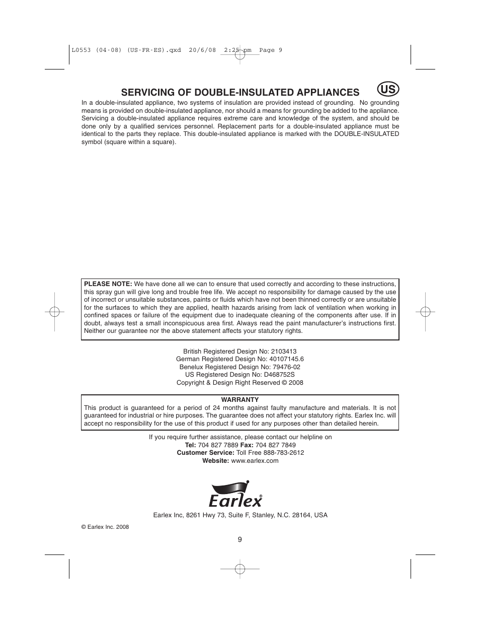 Servicing of double-insulated appliances | Earlex L0553 User Manual | Page 9 / 24