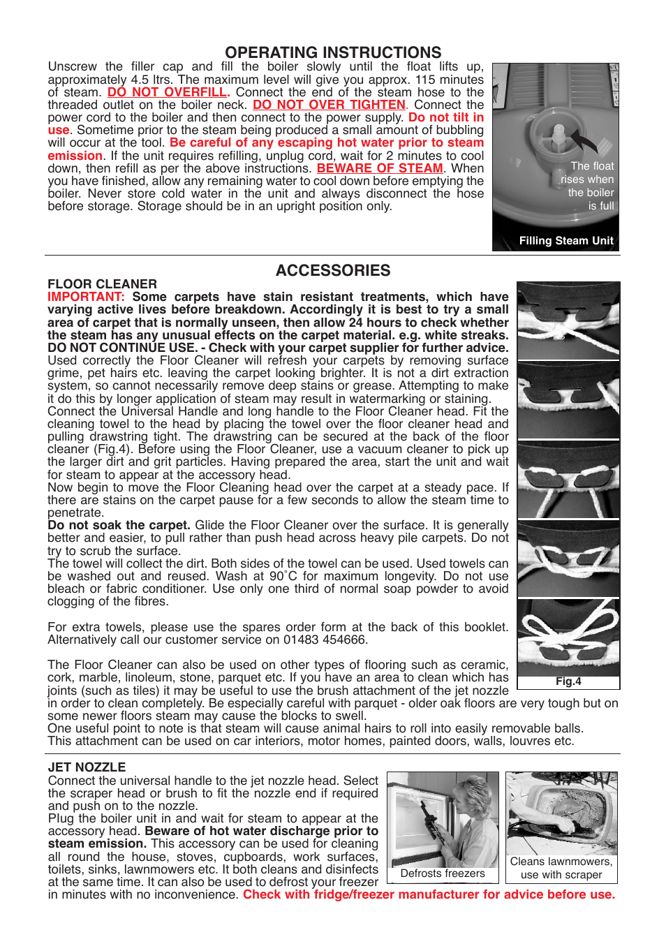 Accessories, Operating instructions | Earlex Pure Steam Cleaner User Manual | Page 4 / 8