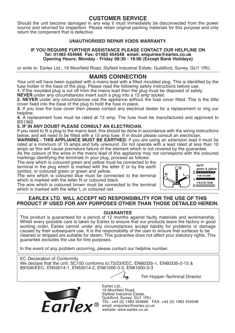 Customer service, Mains connection | Earlex Pure Steam Cleaner User Manual | Page 6 / 8