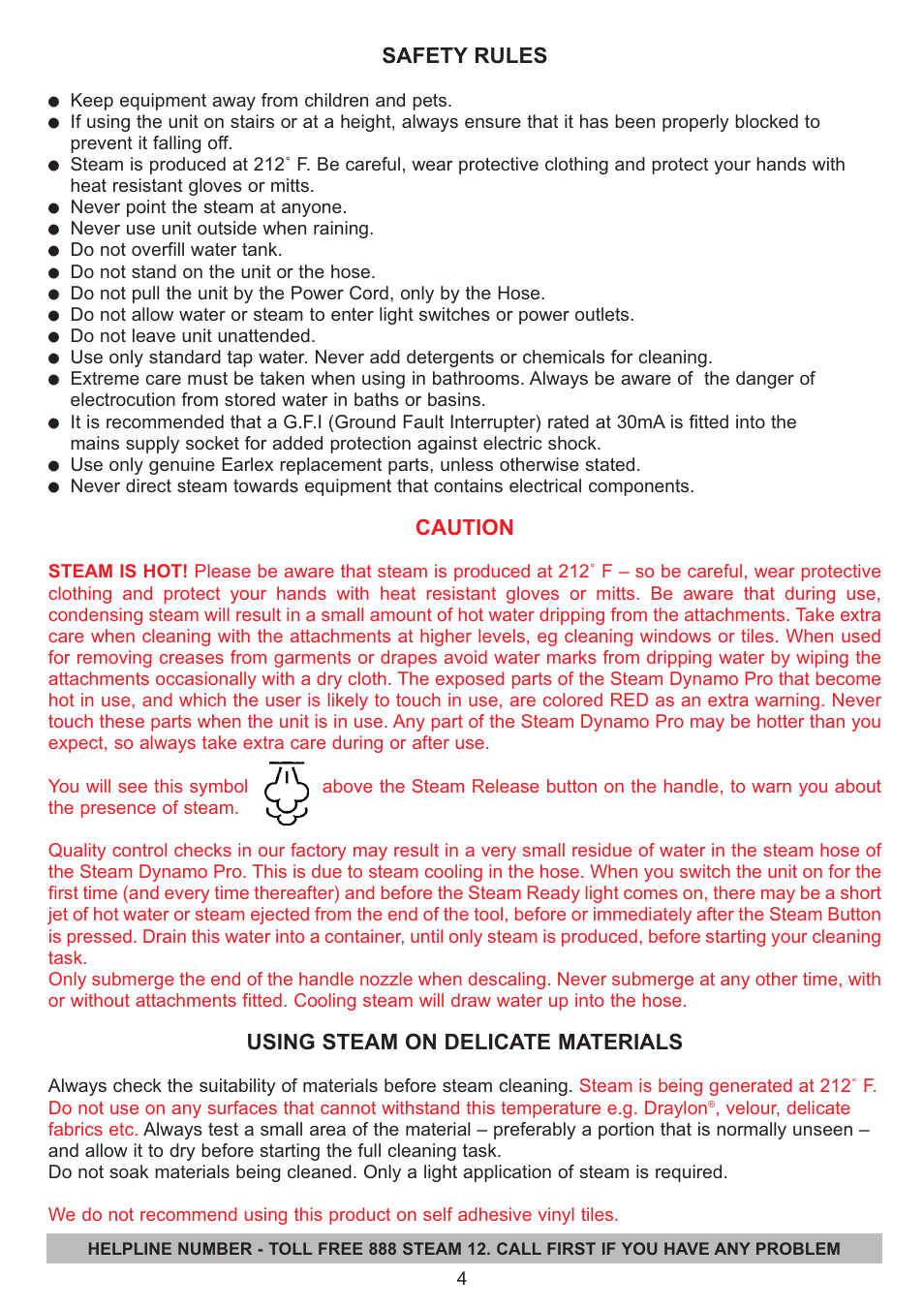 Safety rules, Caution, Using steam on delicate materials | Earlex IS2000 User Manual | Page 4 / 16