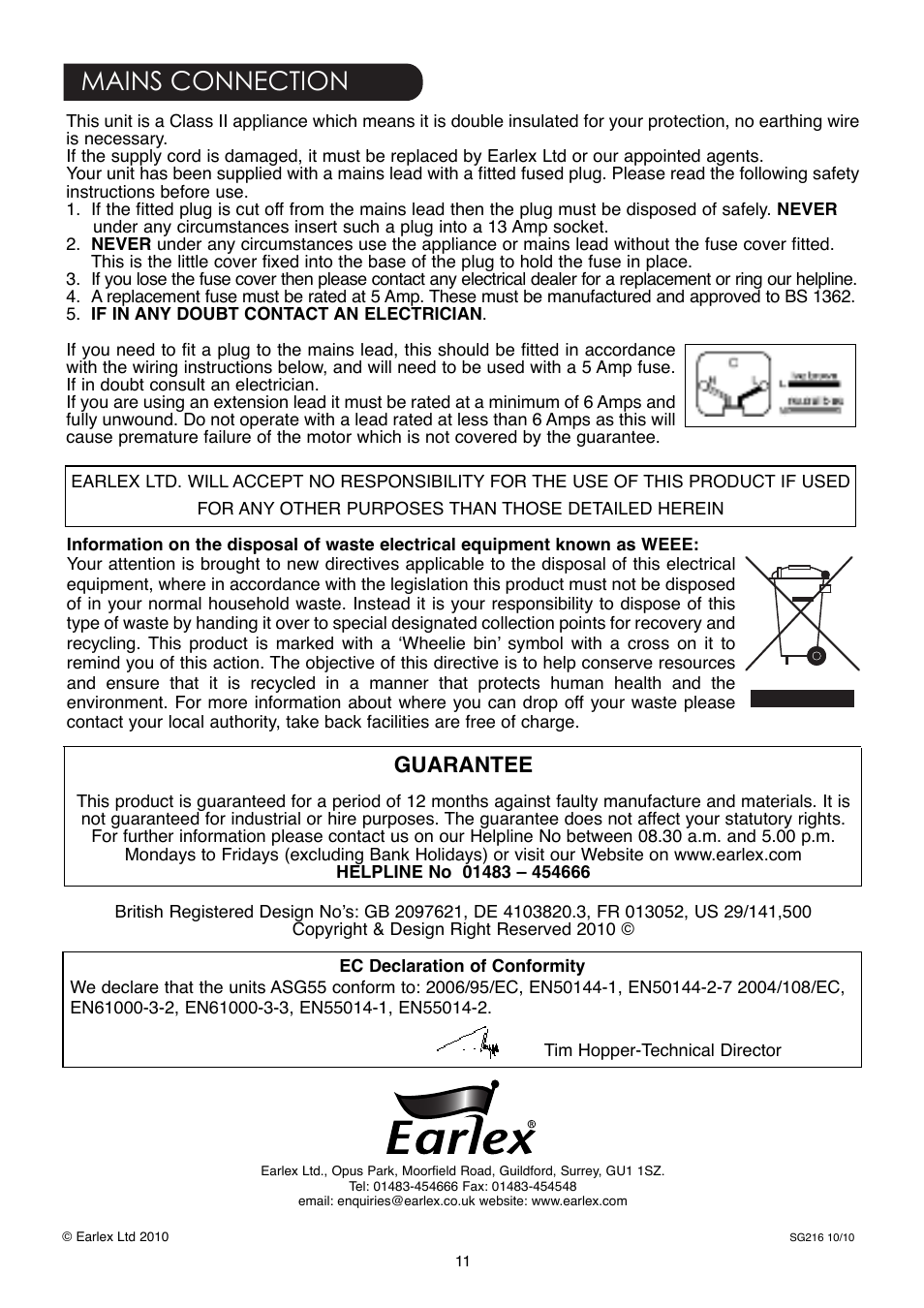 Mains connection | Earlex ASG55 User Manual | Page 11 / 12