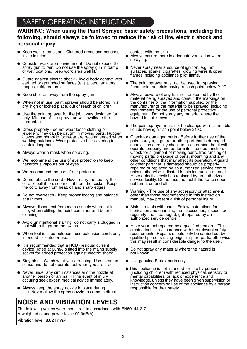 Safety operating instructions, Noise and vibration levels | Earlex ASG55 User Manual | Page 2 / 12