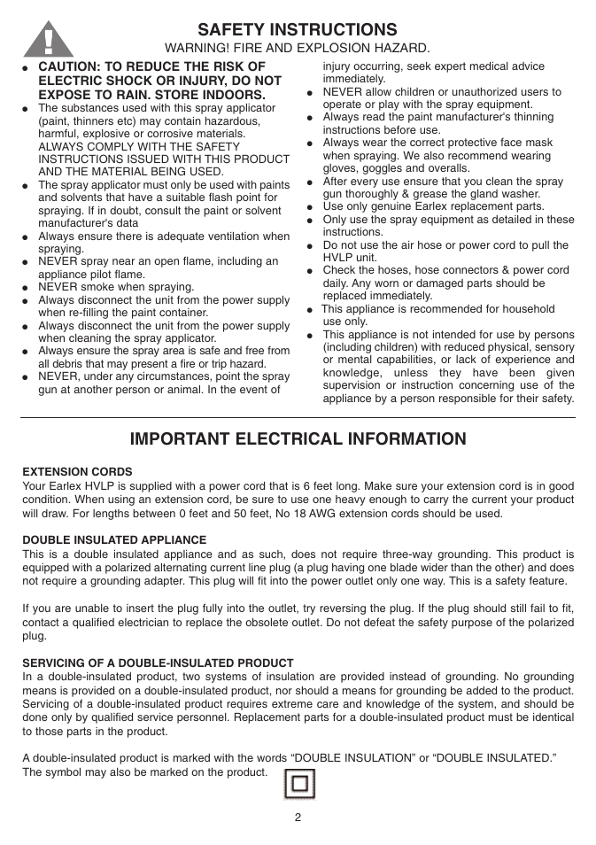 Safety instructions, Important electrical information, Warning! fire and explosion hazard | Earlex HV1900 User Manual | Page 2 / 8