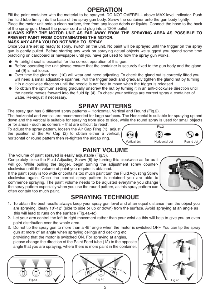 Operation, Spray patterns, Paint volume | Spraying technique | Earlex HV1900 User Manual | Page 5 / 8