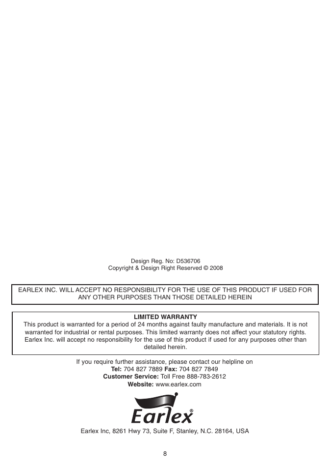 Earlex HV1900 User Manual | Page 8 / 8