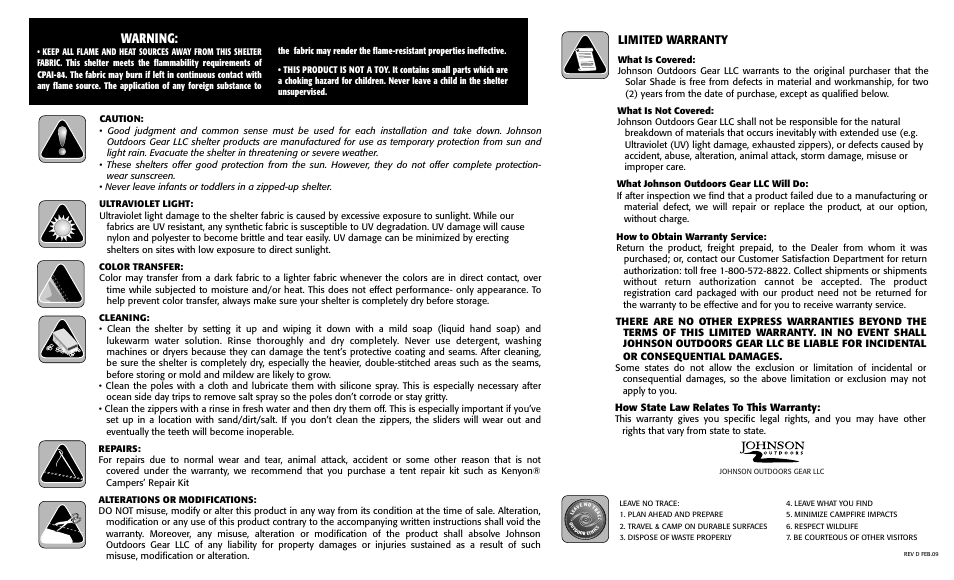 Solar shade 09.ai, Warning, Limited warranty | Eureka! Tents Solar Shade User Manual | Page 2 / 2