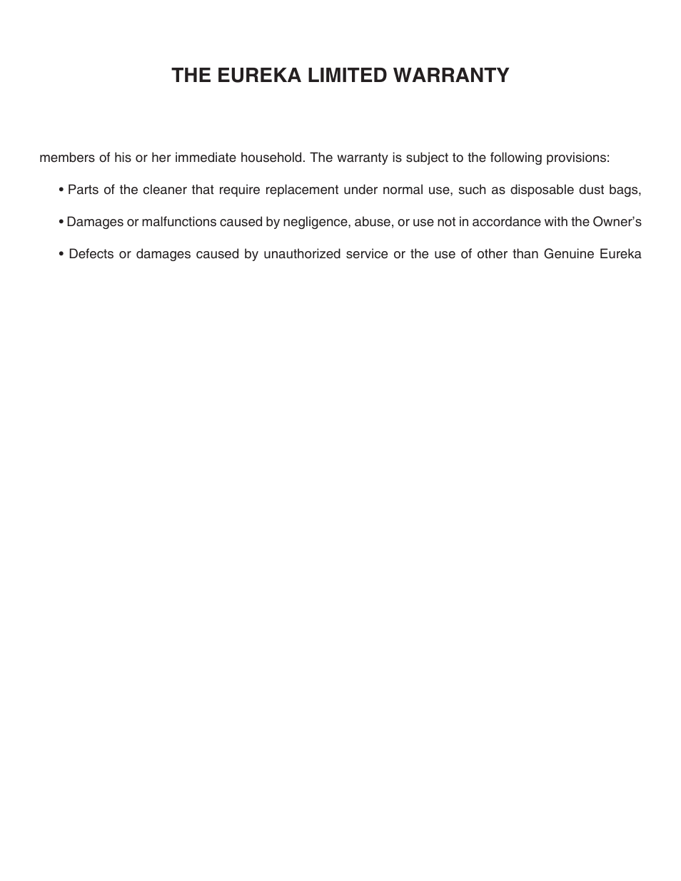 The eureka limited warranty | Eureka 2900 Series User Manual | Page 10 / 11