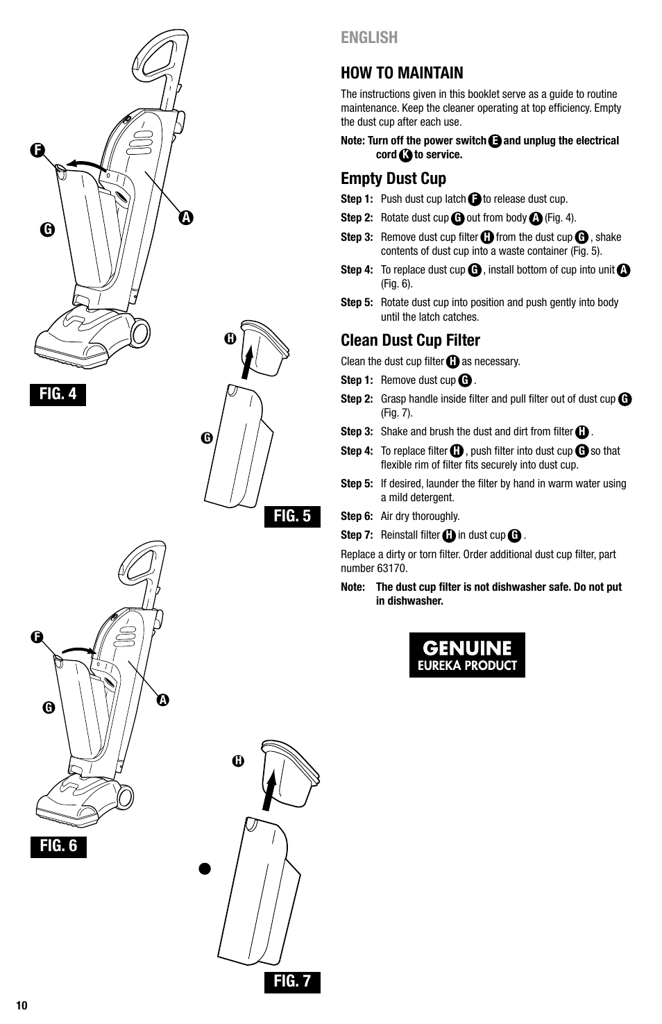 English how to maintain, Empty dust cup, Clean dust cup filter | Fig. 5, Fig. 4 fig. 5 fig. 6 fig. 7 | Eureka Series 440 User Manual | Page 10 / 19