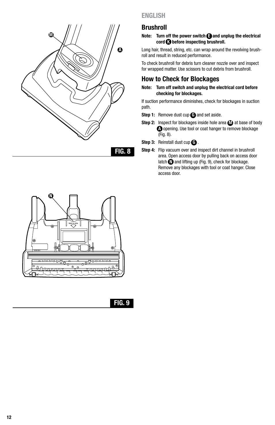 English, Brushroll, How to check for blockages | Fig. 8 fig. 9 | Eureka Series 440 User Manual | Page 12 / 19