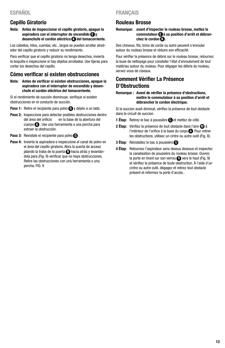 Español français rouleau brosse, Comment vérifier la présence d’obstructions, Cepillo giratorio | Cómo verificar si existen obstrucciones | Eureka Series 440 User Manual | Page 13 / 19