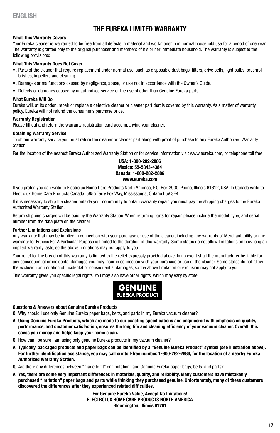 English the eureka limited warranty | Eureka Series 440 User Manual | Page 17 / 19