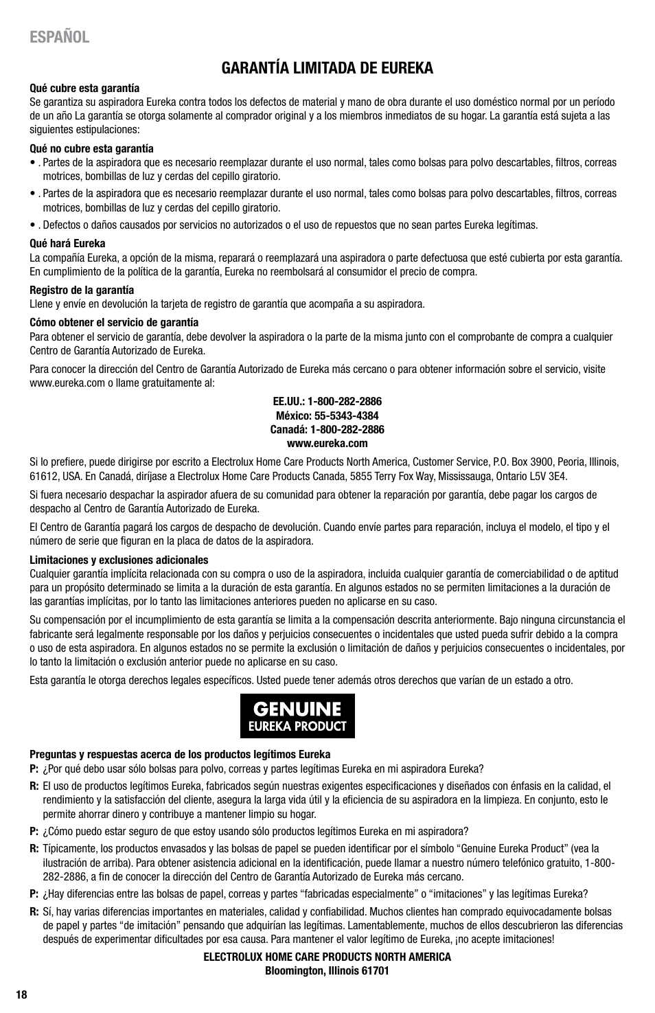 Español garantía limitada de eureka | Eureka Series 440 User Manual | Page 18 / 19