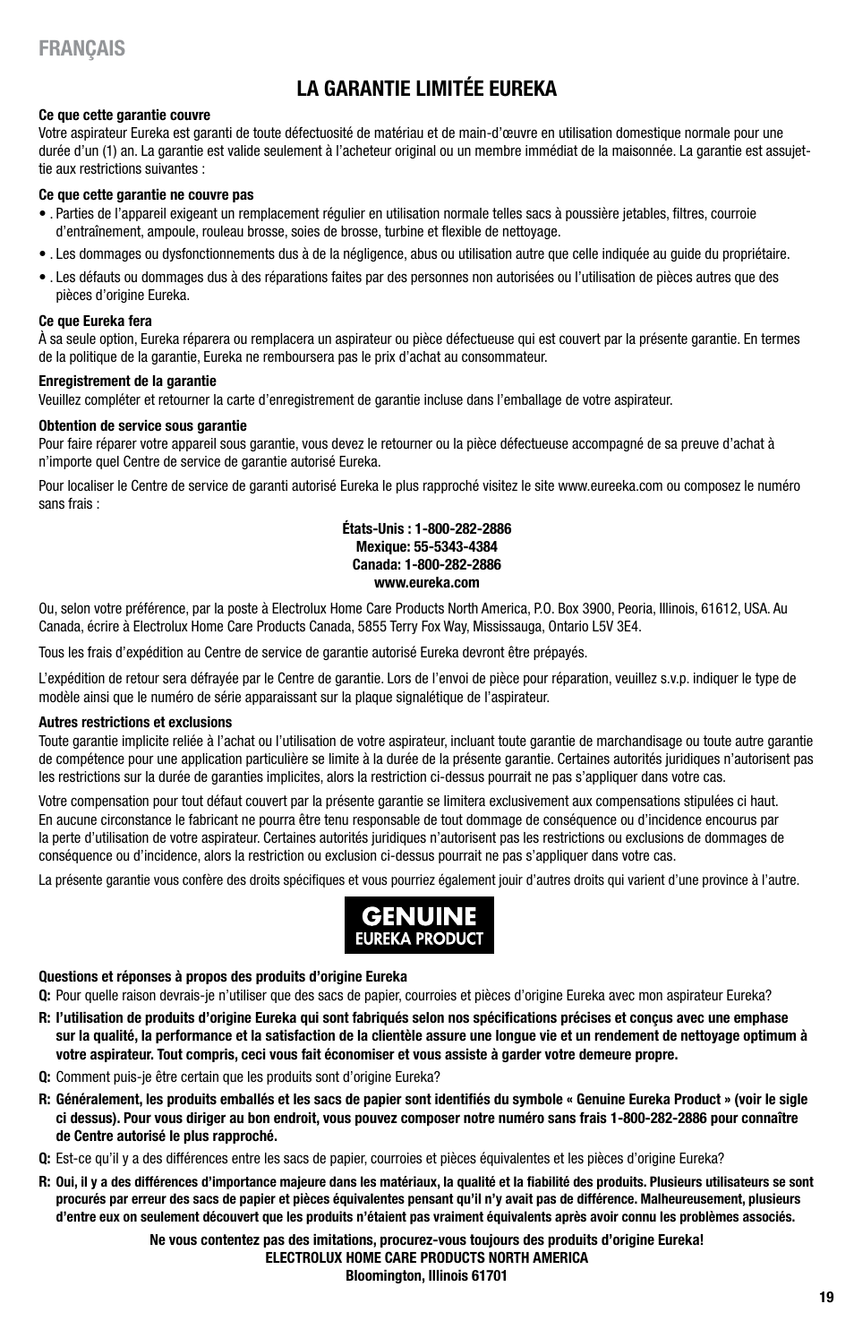 Français la garantie limitée eureka | Eureka Series 440 User Manual | Page 19 / 19