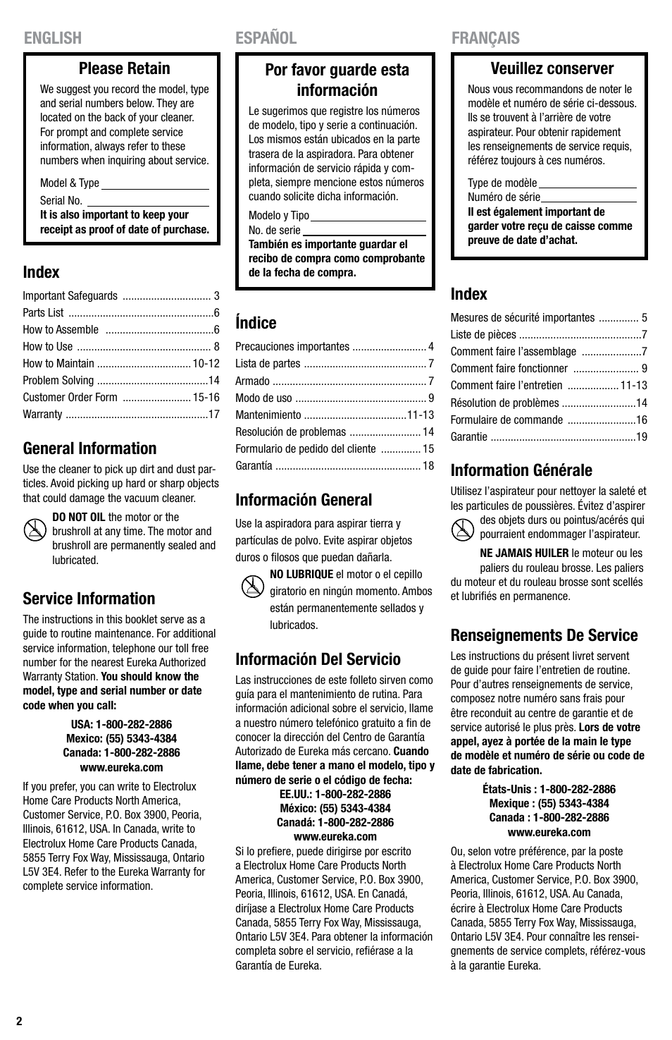 English français please retain, Veuillez conserver, Index | General information, Service information, Information générale, Renseignements de service, Español por favor guarde esta información, Índice, Información general | Eureka Series 440 User Manual | Page 2 / 19