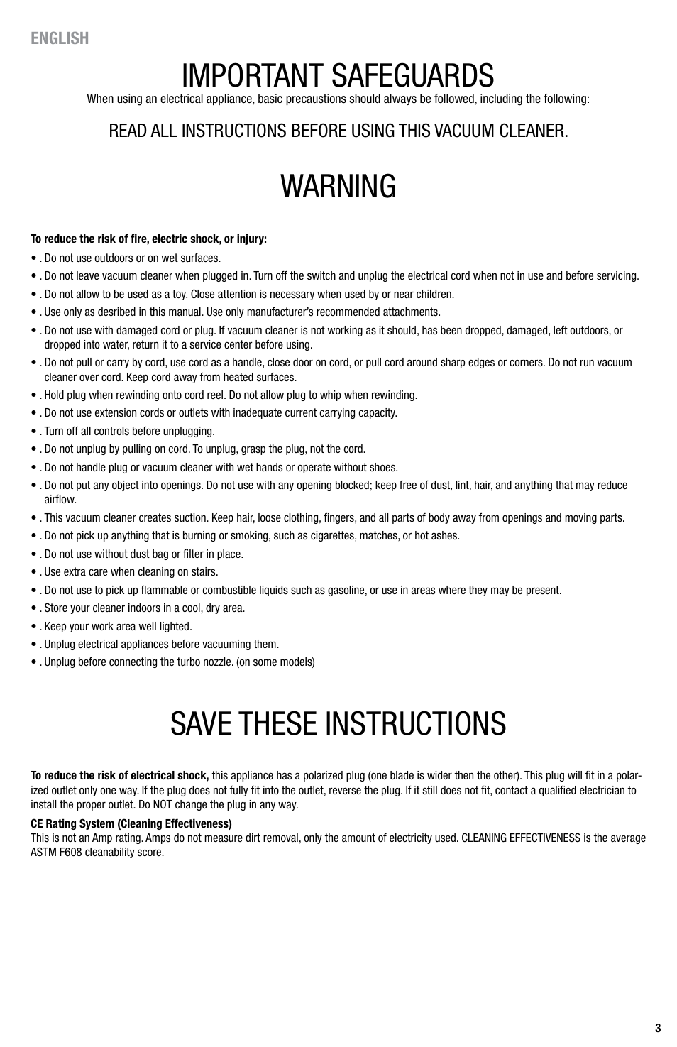 Important safeguards, Warning, Save these instructions | Eureka Series 440 User Manual | Page 3 / 19