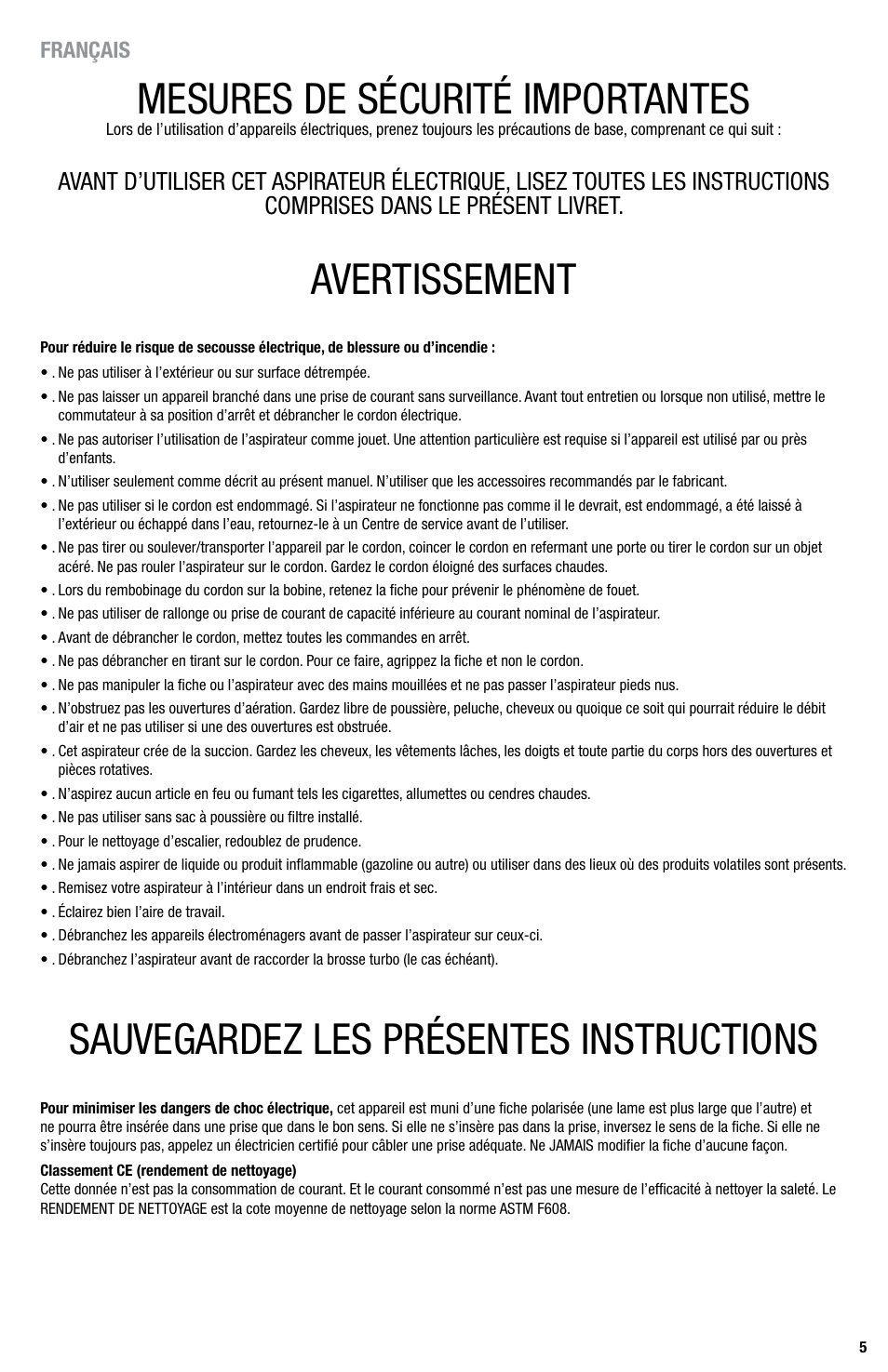 Mesures de sécurité importantes, Avertissement, Sauvegardez les présentes instructions | Eureka Series 440 User Manual | Page 5 / 19