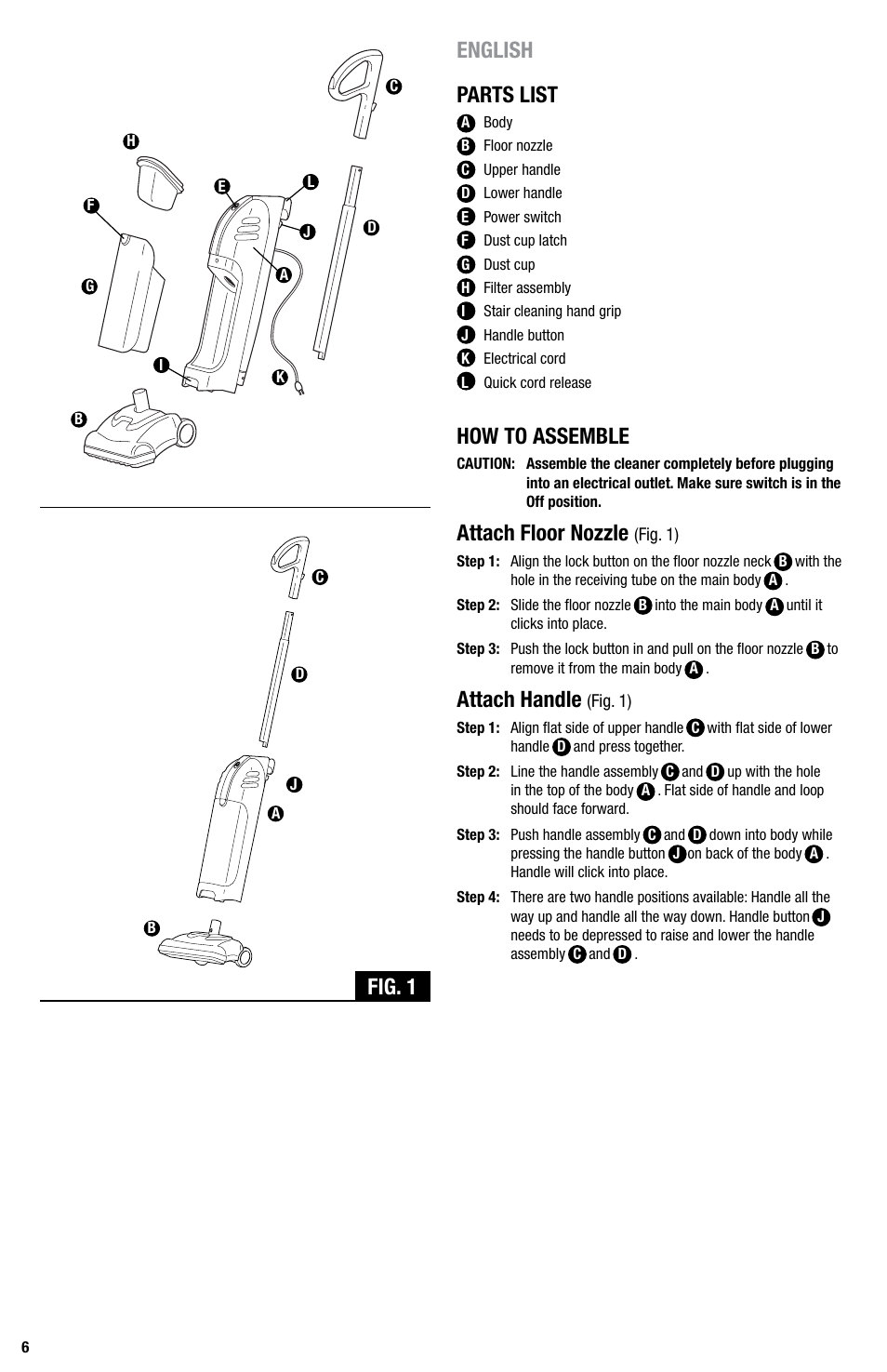 English parts list, How to assemble, Attach floor nozzle | Attach handle, Fig. 1 | Eureka Series 440 User Manual | Page 6 / 19