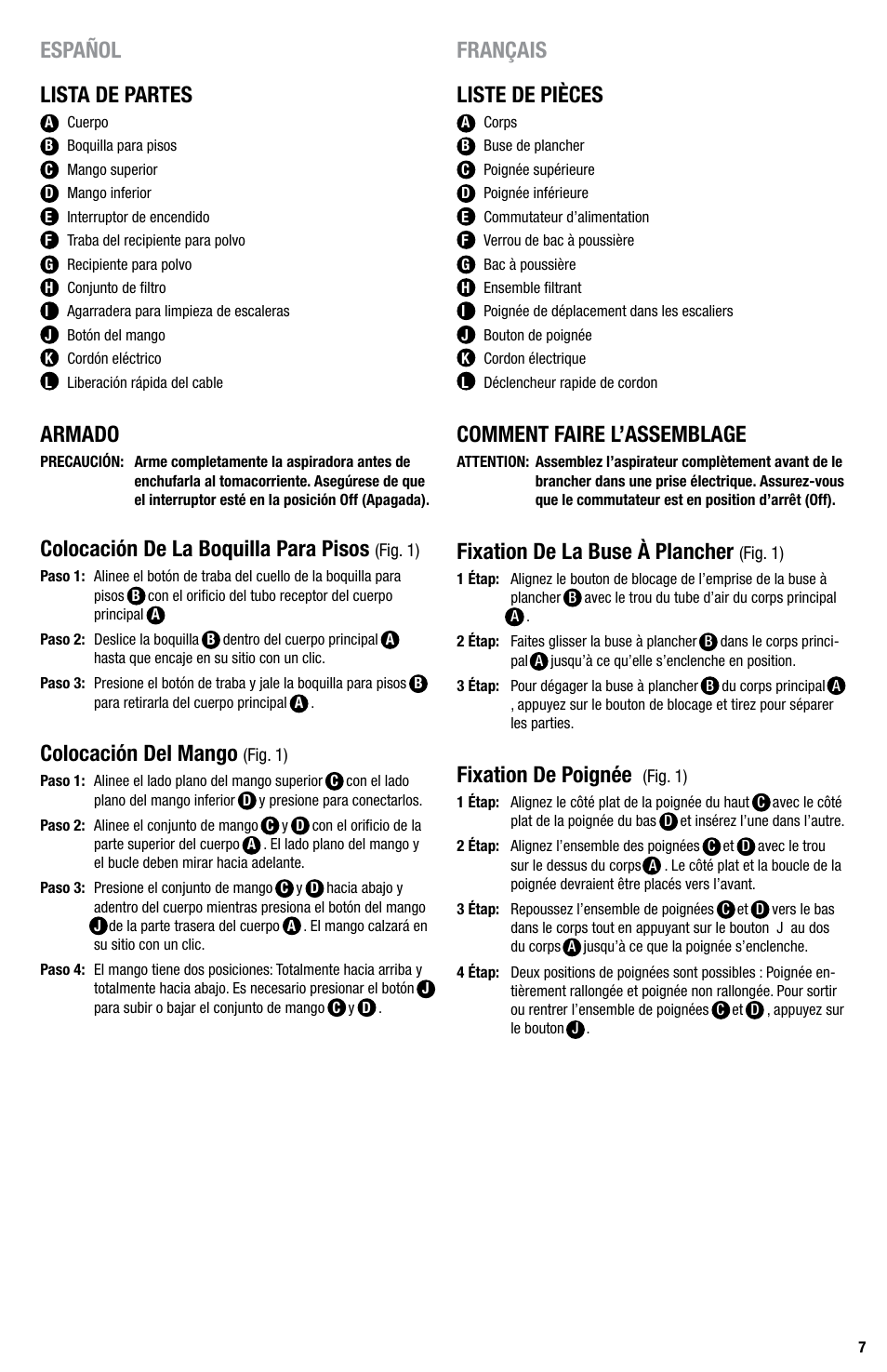 Lista de partes, Liste de pièces, Armado | Colocación de la boquilla para pisos, Colocación del mango, Comment faire l’assemblage, Fixation de la buse à plancher, Fixation de poignée, Español français | Eureka Series 440 User Manual | Page 7 / 19