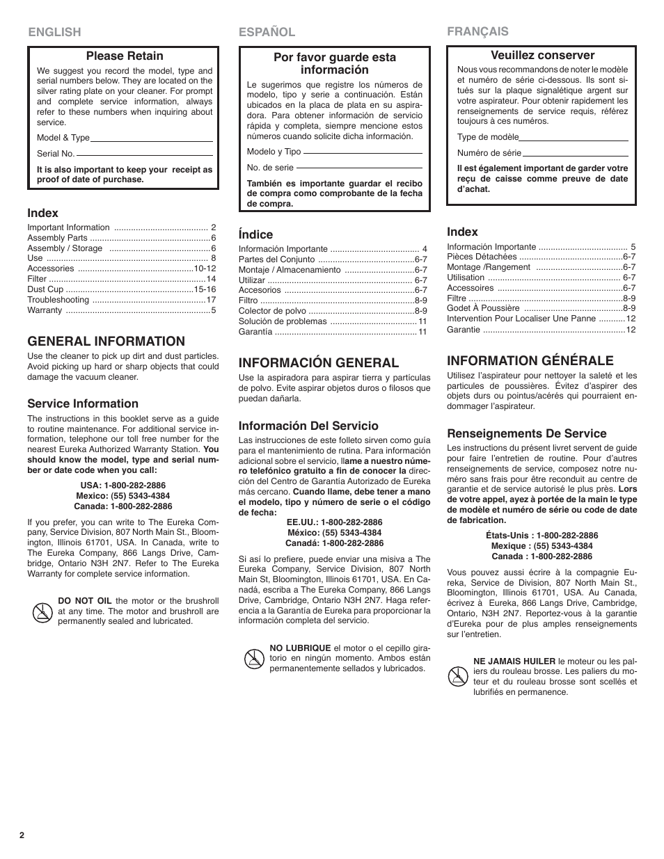 General information, Information générale, Información general | English français veuillez conserver, Please retain, Index, Service information, Renseignements de service, Español por favor guarde esta información, Índice | Eureka 60 Série User Manual | Page 2 / 12