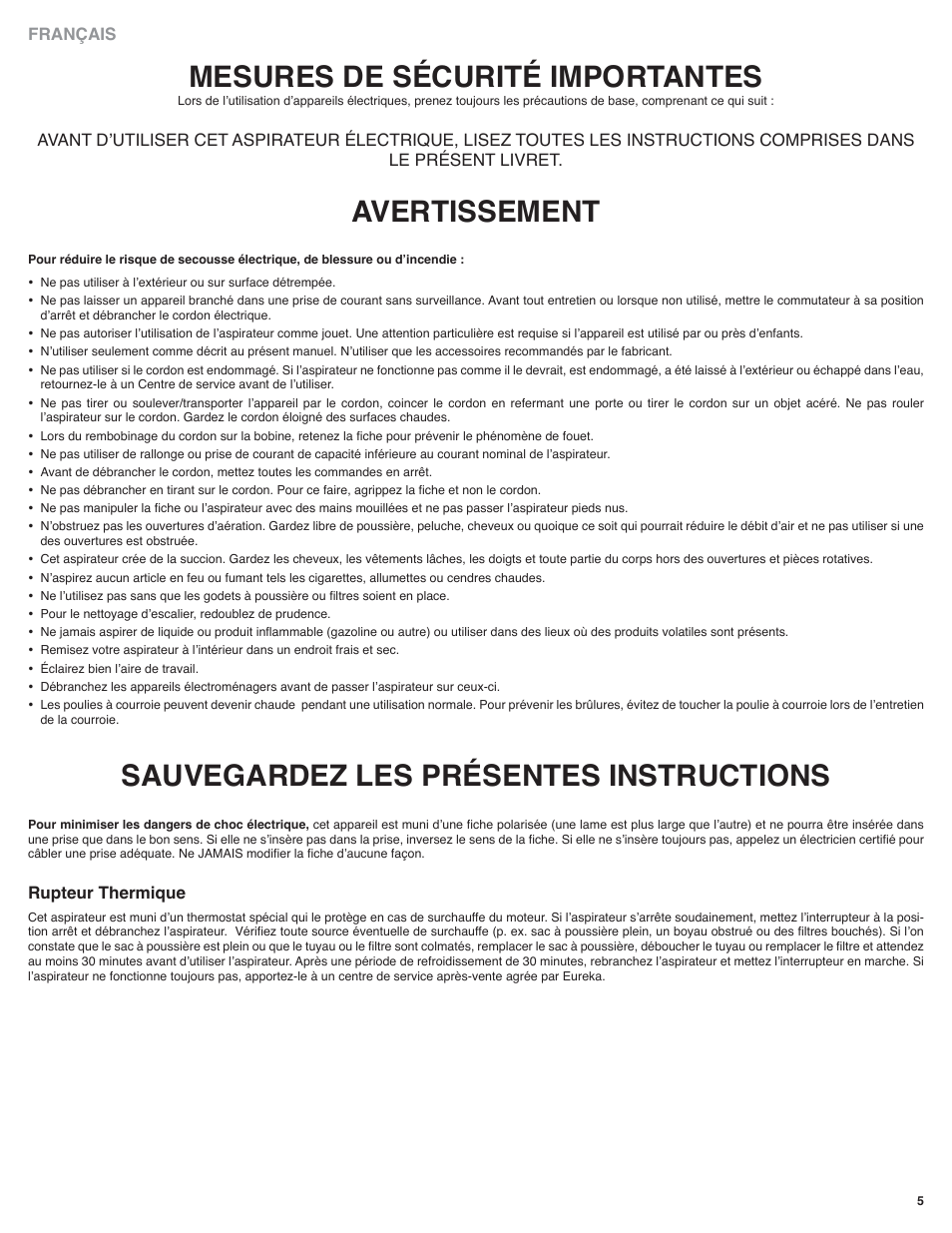 Mesures de sécurité importantes, Avertissement, Sauvegardez les présentes instructions | Français, Rupteur thermique | Eureka 60 Série User Manual | Page 5 / 12